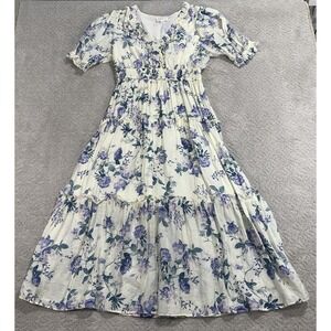 By the River Floral Midi Dress Women Large Fits Medium Blue Purple Tiered